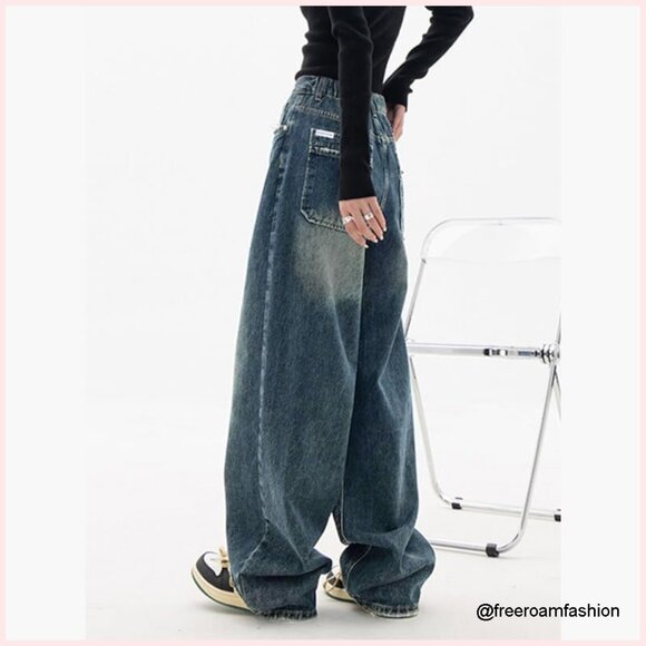 Wide Leg Boyfriend Jeans High Rise Distressed Vintage Denim Pants - Picture 3 of 7